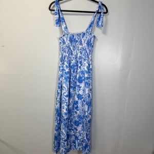 Pants Store Blue White Floral Smocked Maxi Dress Tie Shoulder Small JH1921-WH